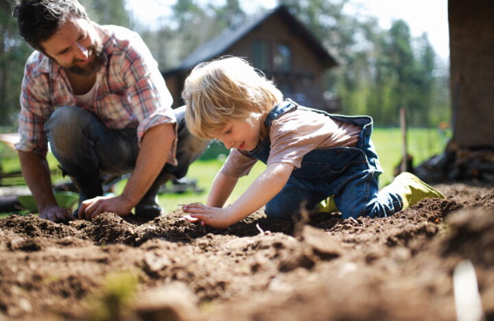 Vater mit kleinem Sohn bei der Arbeit im Garten, Konzept des nachhaltigen Lebensstils.
